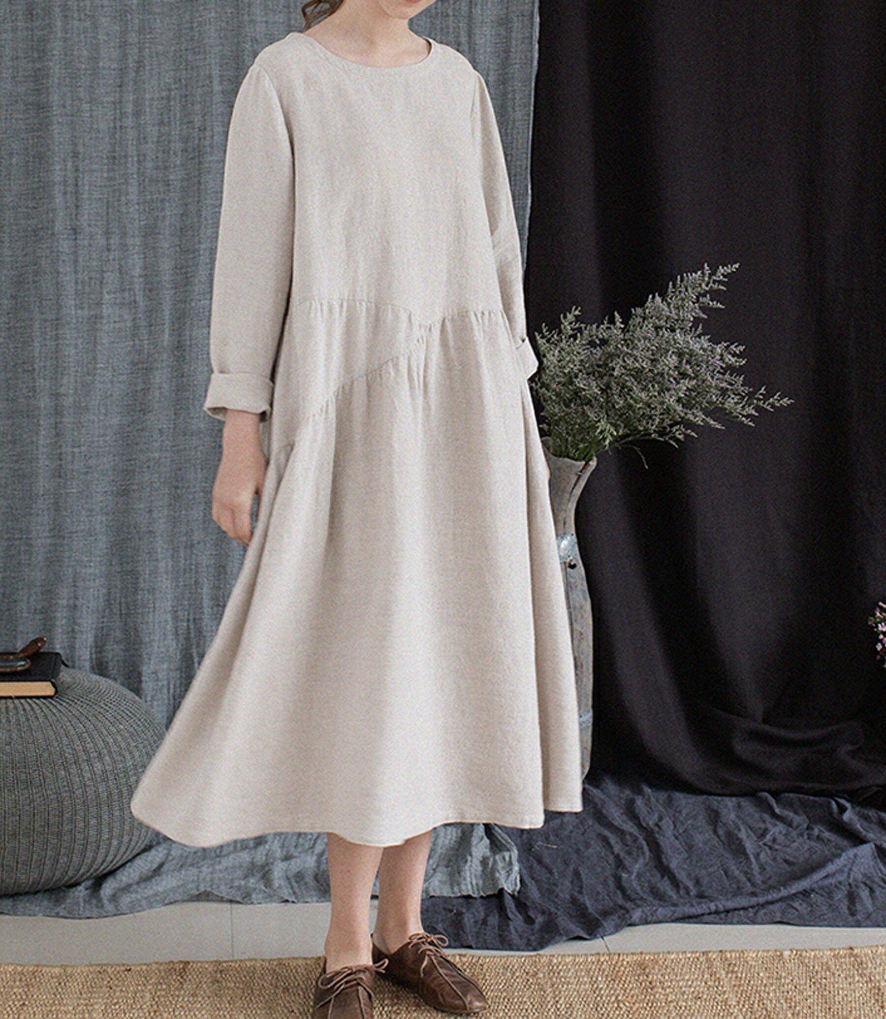 G047 Flax Linen Gathering Dress French Linen Dress Made | Etsy