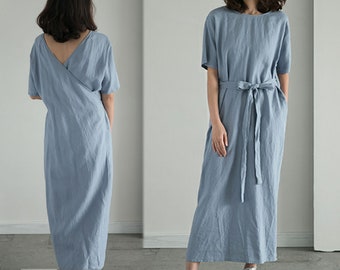 B43---Abito da tè in lino pesante blu nebbia, abito avvolgente con scollo a V, abito da cocktail blu/nero, versatile abito lungo con parte anteriore e posteriore.