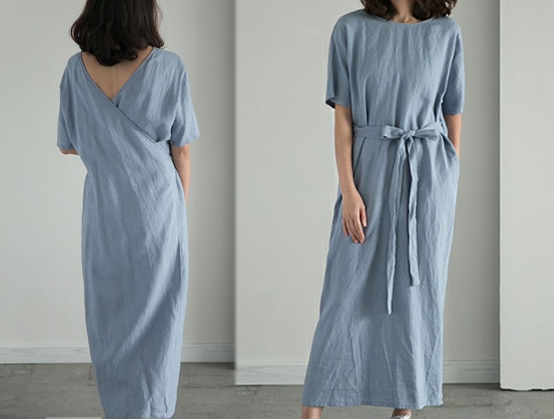 Made to Order. V Neck Wrap Dress Versatile Back Side Front Maxi Robe Dress B43---Black Linen Tea Dress Foggy Blue Cocktail Dress