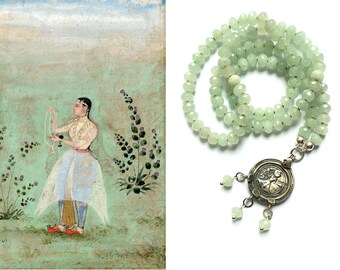 Handgeknoopte mala van 108 rondellen Aventurijn 5x8mm met antiek zilver amulet Shiva, India