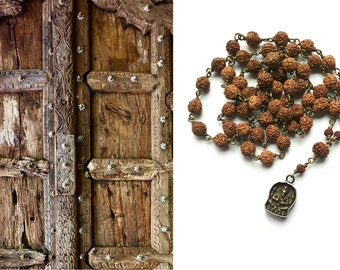 Handgemaakte mala van 54  kralen Rudraksha 6mm met hanger Ganesha, brons, India