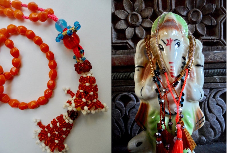 Handgemaakte mala van 108 oranje glaskralen met vintage kralenkwast Kuchi Afghanistan