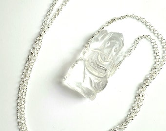 Lange sterling zilveren jasseron ketting met Ganesha hanger handgesneden bergkristal