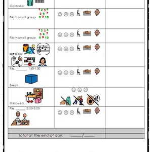 May include: A visual schedule for a classroom with a calendar, math small group, specials, Ms. ____, break, and discovery. The schedule includes times for each activity. There are also icons for reminders, with 2, 3, or 4 or more reminders.