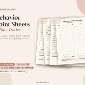 May include: A set of printable behavior point sheets and a progress monitoring graph tracker. The documents feature columns for daily subjects, teacher comments, and parent signatures, with a grid for tracking weekly progress.