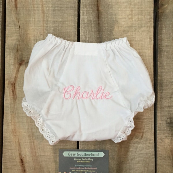 White monogrammed eyelet lace diaper cover bloomers panty baptism christening baby shower new baby girl dressy wedding church baptism