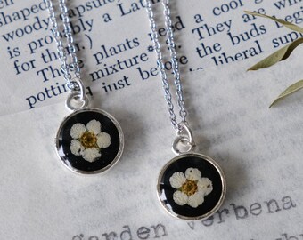 Dainty Spirea Pressed Botanical Necklace on Black Background | Real Pressed Flower Necklace