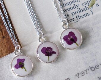 Real Pressed Flower Necklace | Purple Alyssum Flower with White Background