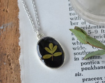 Pressed Cinquefoil Leaf Necklace on Black Background | Slight Imperfect | One of a Kind Resin Botanical Necklace