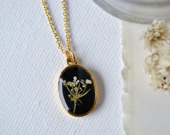 Delicate Queen Anne's Lace Pressed Flower Necklace on Black Background | One of a Kind Resin Flower Necklace