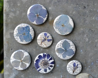 5 Blue Shades Real Pressed Flower Magnets | Pressed Flower Magnet Set on Vintage Gardening Encyclopedia Pages | Floral Gift