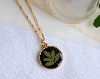 Cinquefoil Leaf Pressed Botanical Necklace on White or Black Background | Real Pressed Leaf Necklace