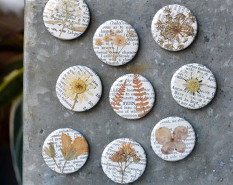 5 Neutral Shades Real Pressed Flower Magnets on Vintage Gardening Encyclopedia Pages