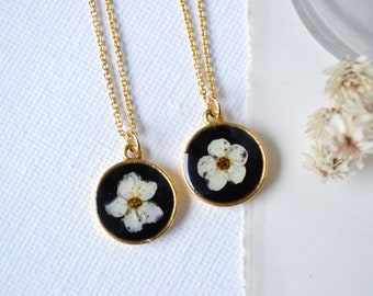 Delicate White Pressed Spirea Flower Necklace on Black Background | One of a Kind Real Pressed Flower Necklace