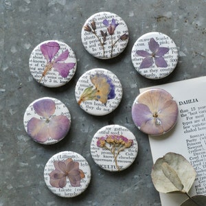 5 Real Pressed Flower Magnets on Vintage Gardening Encyclopedia Pages NEW Stronger Magnets purple or pink