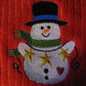 Snowman with Stars on Red Tea Towel