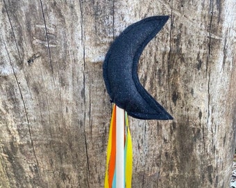 Children's Felt Wand for pretend creative & imaginative play, Waldorf/Montessori inspired, Black Sparkle Crescent Moon w/ tri-color ribbons