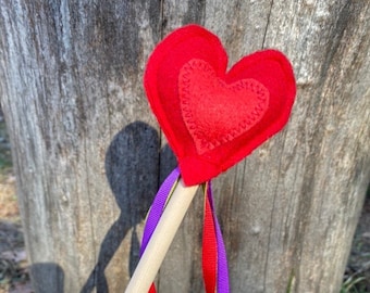 Children's Felt Wand, creative and imaginative play, Waldorf and Montessori inspired, Red Heart with tri-color ribbons (Ready to ship!!)