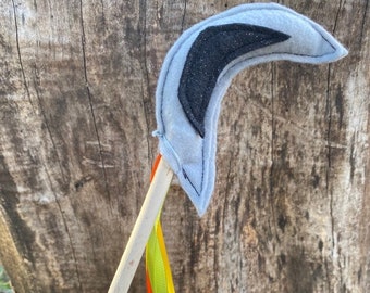 Children's Felt Wand,  creative and imaginative play, Waldorf/Montessori inspied, Light Gray and Black Crescent Moon with tri-color ribbons