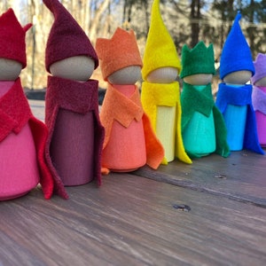 Rainbow Wooden Peg Doll Gnomes, Set of 8, for creative, imaginative, and educational play, Waldorf and Montessori inspired