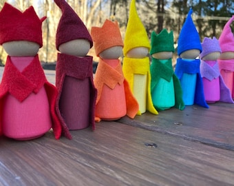 Toy Rainbow Wooden Peg Doll Gnomes, Set of 8, for creative, imaginative, and educational play, Waldorf and Montessori inspired