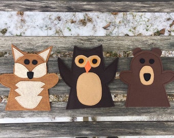 Children’s Felt Hand Puppet set for creative and educational play, Set of 3 Woodland Animals: Brown Bear, Owl, Fox, For home or Classroom