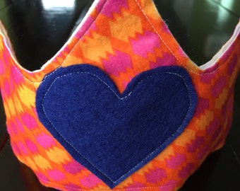 Creative and Imaginative Play - Children's Felt Crown, pink & orange patterned felt with navy blue heart ( Waldorf and Montessori Inspired)