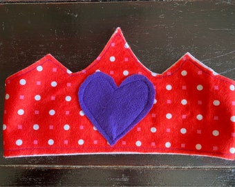 Creative and Imaginative Play - Children's Felt Crown, Red with white and pink polka dots and purple heart (Waldorf and Montessori inspired)
