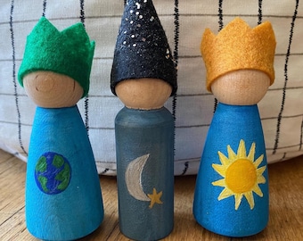 Sun, Moon, and Earth Peg Doll Gnome/Elf Set