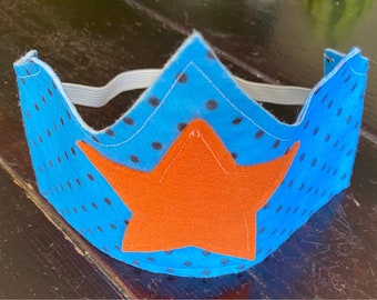 Creative and Imaginative Play: Children's Felt Crown, blue with black polka dots and orange star (Waldorf and Montessori inspired)