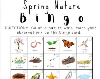 Spring Printable Nature Walk Activity, Instant Download, Nature Bingo, Outdoor Nature Scavenger Hunt, All ages outdoor activity