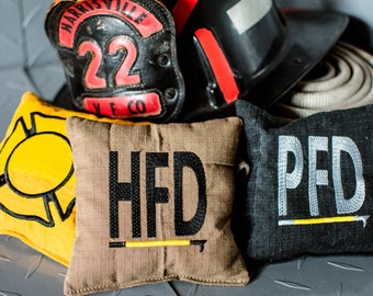 FIREFIGHTER CORN HOLE Bags made from Decommissioned Bunker Gear, Two Sets of 4 Regulation Corn Toss Bags, T5