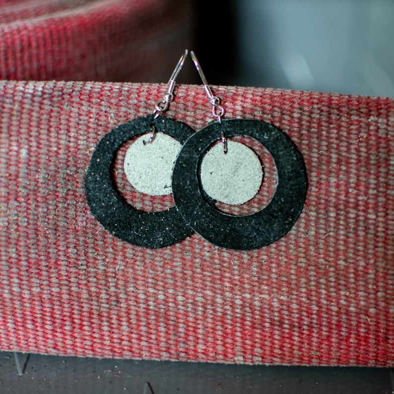 CLOSE-OUT Leather Donut Earrings made from Decommissioned Firefighter Bunker Gear, Firefighter Gift, L10 Black/Gray