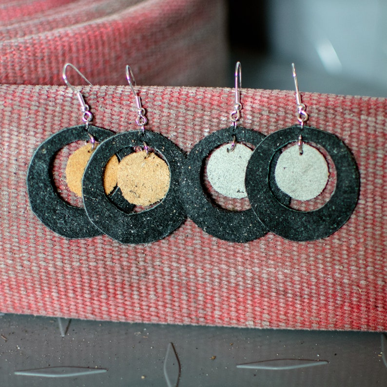 CLOSE-OUT Leather Donut Earrings made from Decommissioned Firefighter Bunker Gear, Firefighter Gift, L10 image 1