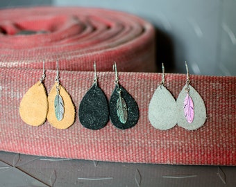 CLOSE-OUT!! Teardrop Shaped Leather Earrings made from Decommissioned Firefighter Bunker Gear,  Firefighter Wife Gift, L8