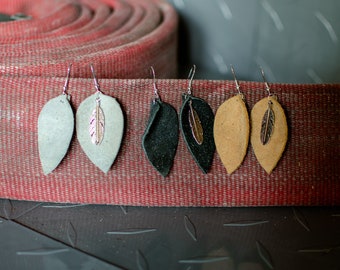 CLOSE-OUT!! Leather Teardrop Earrings made from Up-cycled Firefighter Bunker Gear, Chic Firefighter Wife Gift, L2