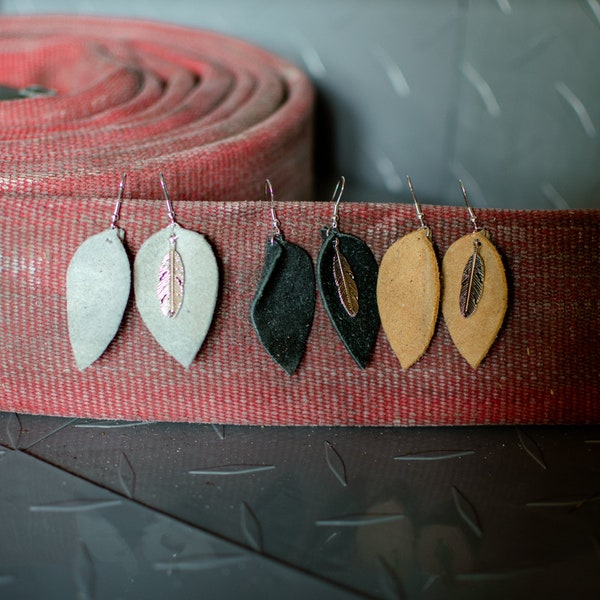 CLOSE-OUT!! Leather Teardrop Earrings made from Up-cycled Firefighter Bunker Gear, Chic Firefighter Wife Gift, L2