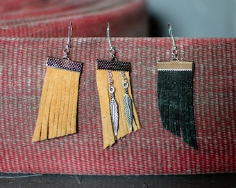 CLOSEOUT! Leather Fringe Earrings made from Up-Cycled Firefighter Bunker Gear,  Chic Firefighter Wife Gift, L4