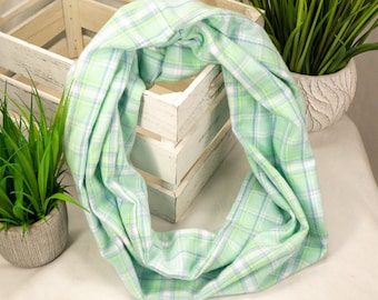 Plaid Flannel Infinity Scarf - Mint Green, White, Light Blue
