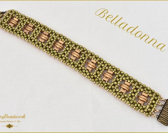 May include: A green and gold beaded bracelet with a clasp on each end. The bracelet is called "Belladonna" and is made by Envy Beadwork.