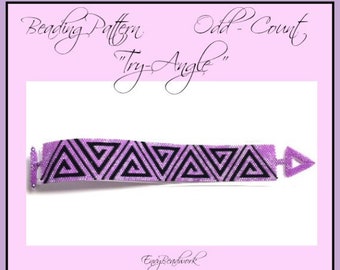 May include: A beaded bracelet pattern called "Try-Angle" with a purple and black geometric design. The pattern is for an odd count of beads. The pattern is by Easy Beadwork by Nicole © 2017.