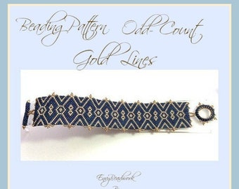 May include: A beaded bracelet with a geometric pattern in navy blue and gold. The bracelet has a clasp and is labeled "Beading Pattern Odd-Count Gold Lines".
