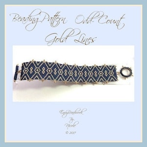 May include: A beaded bracelet with a geometric pattern in navy blue and gold. The bracelet has a clasp and is labelled "Beading Pattern Odd-Count Gold Lines".
