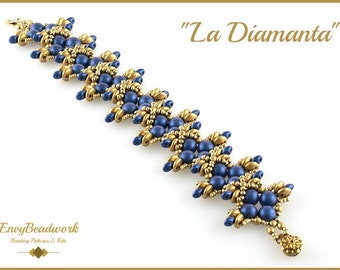 May include: A blue and gold beaded bracelet with a starburst pattern. The bracelet is called "La Diamante".