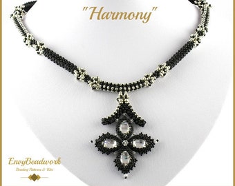 May include: A black and silver beaded necklace with a pendant in the shape of a four-pointed star. The pendant has clear crystals in the center of each point. The necklace is called "Harmony".