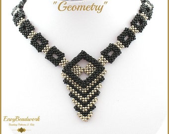 May include: A black and gold beaded necklace with a geometric design. The necklace is called "Geometry".