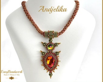 May include: A beaded necklace with a large, faceted, orange gemstone pendant. The necklace is made with small, red and gold beads. The pendant is surrounded by smaller, gold beads and has a geometric design. The necklace is called "Andjelika".