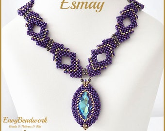 May include: Purple and gold beaded necklace with a large blue crystal pendant. The necklace is called "Esmay" and is from Envy Beadwork.