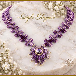 May include: A beaded necklace featuring a central purple crystal pendant surrounded by small purple pearls and gold beads. The chain consists of repeating purple and gold bead clusters. The text "~Simple Elegance~" and "ENVYBEADWORK" appear.