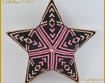May include: A pink, black, and gold beaded star ornament with a geometric design. The star is made with seed beads and has a 3D effect. The ornament is labeled "Collection 5-001" and "Envy Beadwork".